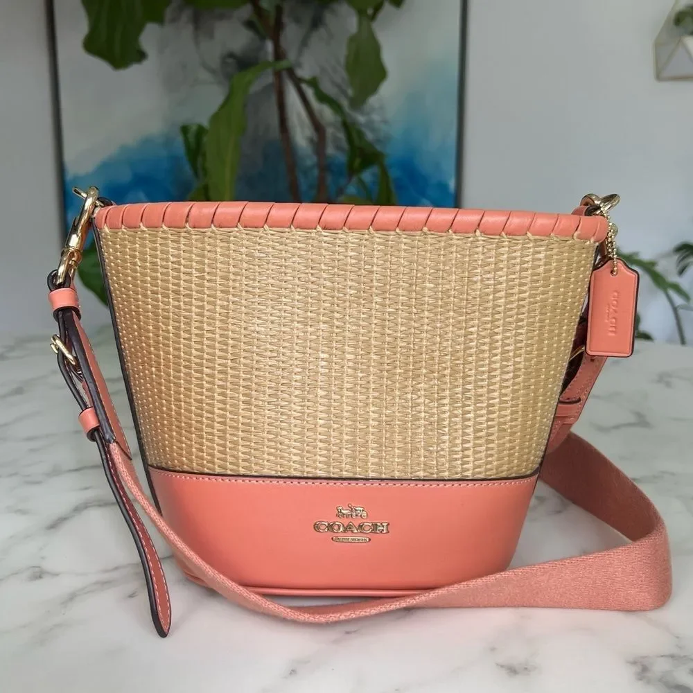 COACH Woven Straw Bucket Bag Crossbody F72707 Natural Light Coral Leather Gold